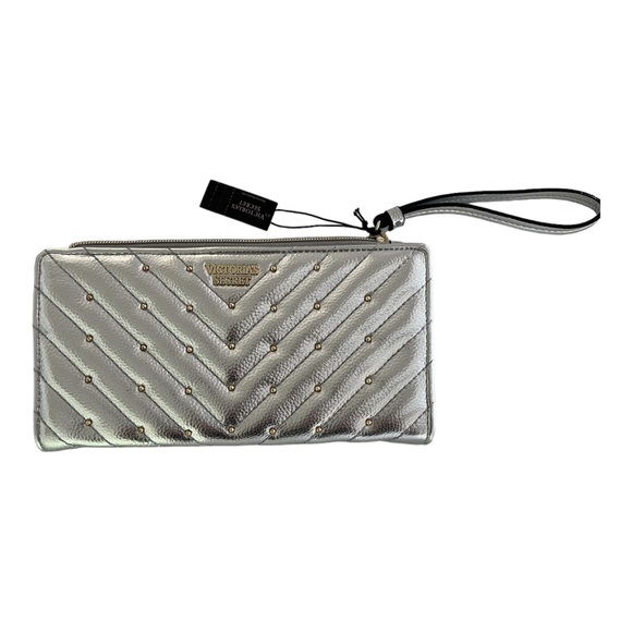 Victoria's Secret quilted metallic silver, studded wristlet wallet … - Picture 2 of 15